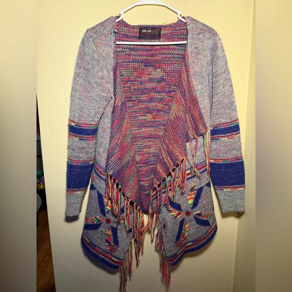 Rocks & Indigo Neon Aztec Cardigan | Size XS | Free People Boho Knit Fringe